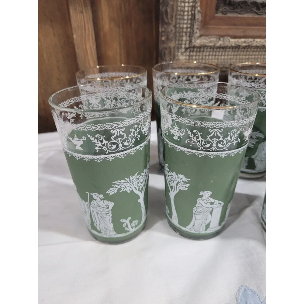 Vtg Wedgwood Jasperware Hellenic Jeanette Green Grecian Tumbler 12 Ou Set Of 8